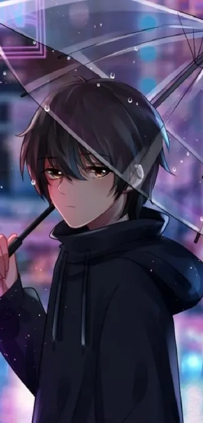 Anime character with umbrella in a rainy night cityscape.