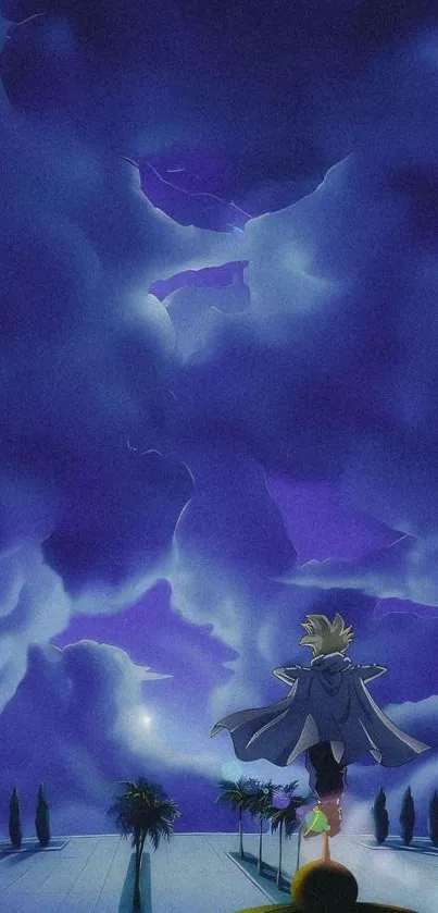 Anime character under a dramatic blue night sky filled with swirling clouds.