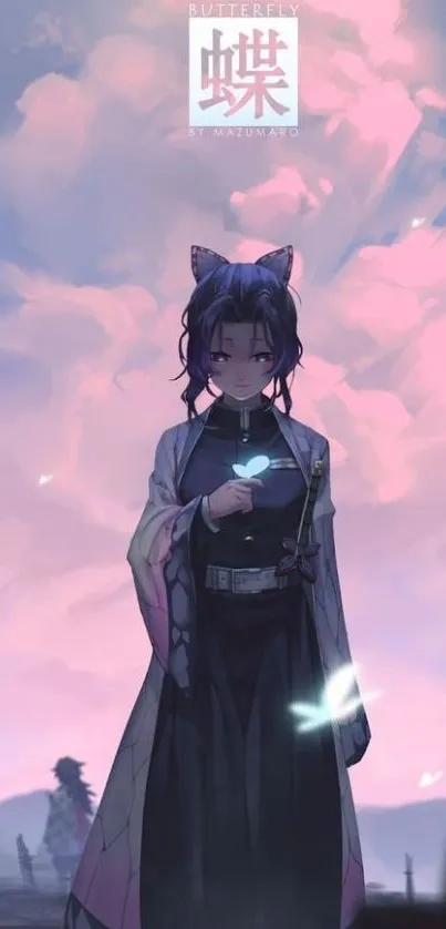 Anime character under pink sky with glowing mystical atmosphere.