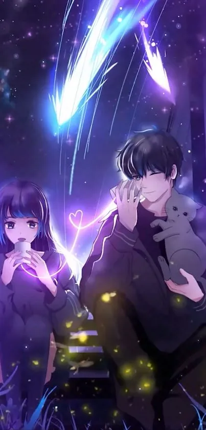 Anime couple enjoying a serene night under a starry sky with vibrant colors.