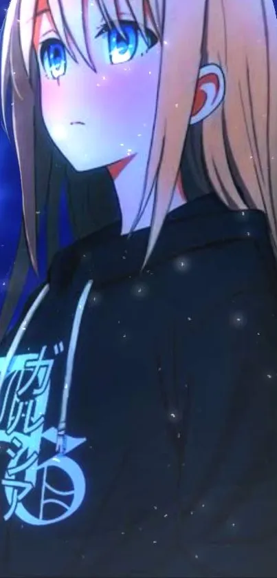 Anime girl gazing at stars with a dark blue night backdrop.