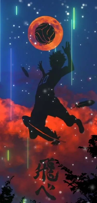 Anime silhouette jumping against moonlit night sky with glowing stars.