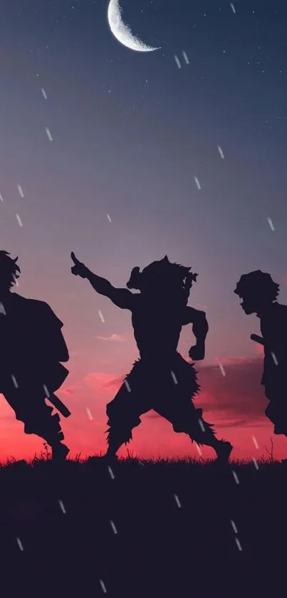 Silhouetted anime characters under crescent moon.