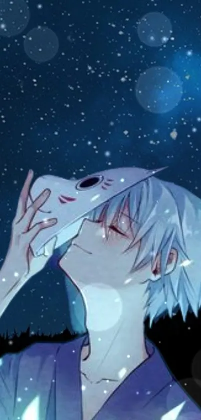 Anime character with mask under a starry night sky.