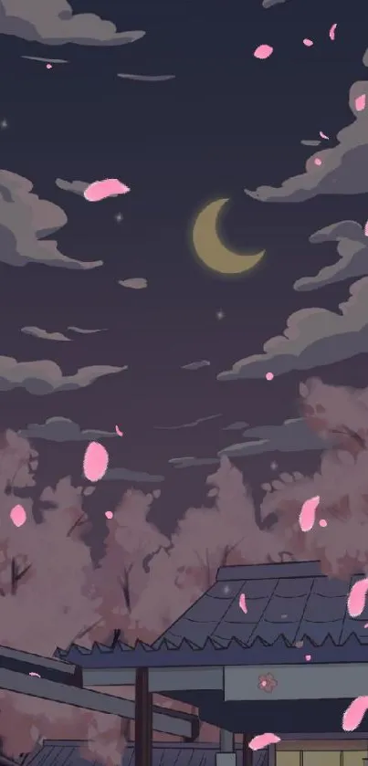 Anime night sky with moon and cherry blossoms.