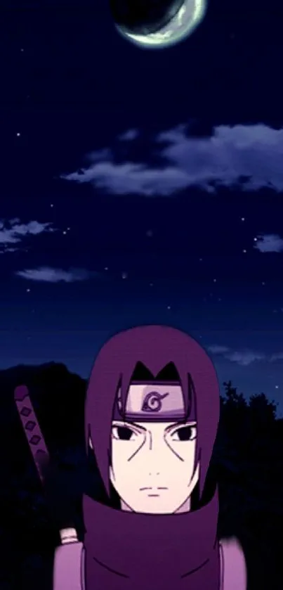 Anime character under a night sky with a crescent moon.