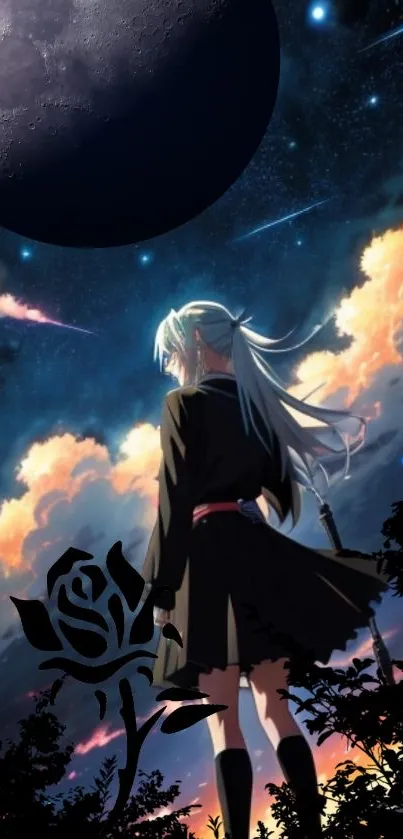 Anime character under moonlit night sky with clouds.