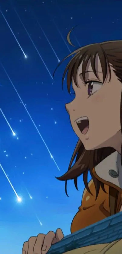 Anime character gazing at stars in a vibrant night sky.