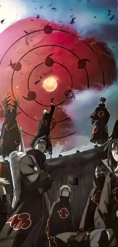 Dark anime warriors beneath a red moon.