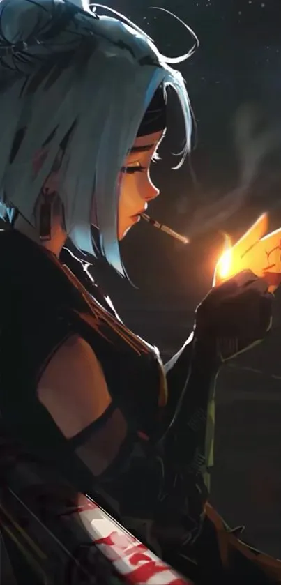 Anime character with blue hair lights a cigarette at night.