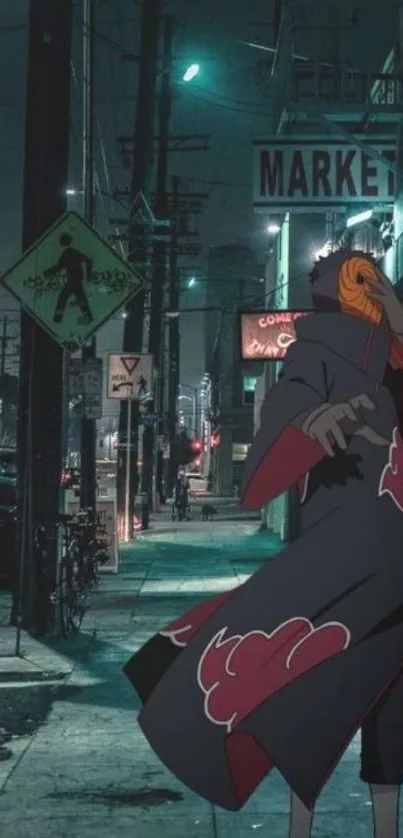 Anime character on a dark urban street with neon lights, creating a mysterious vibe.