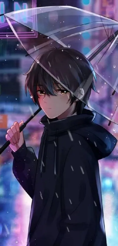 Anime character with umbrella on a rainy night street, vibrant city lights.