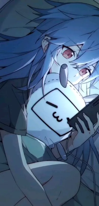 Anime character holding phone in nighttime blue setting.