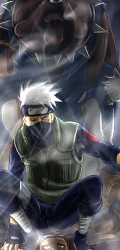 Anime ninja surrounded by wolves in a misty dark scene.