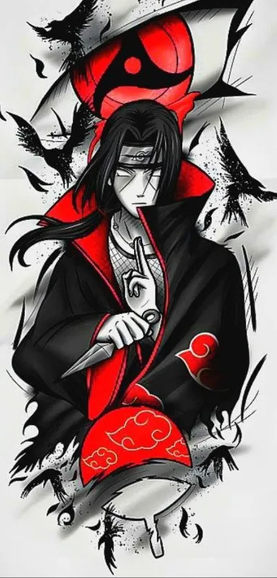 Anime ninja art with red and black design, featuring dynamic imagery on a mobile wallpaper.