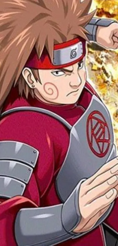 Anime ninja character in red armor with vibrant background.