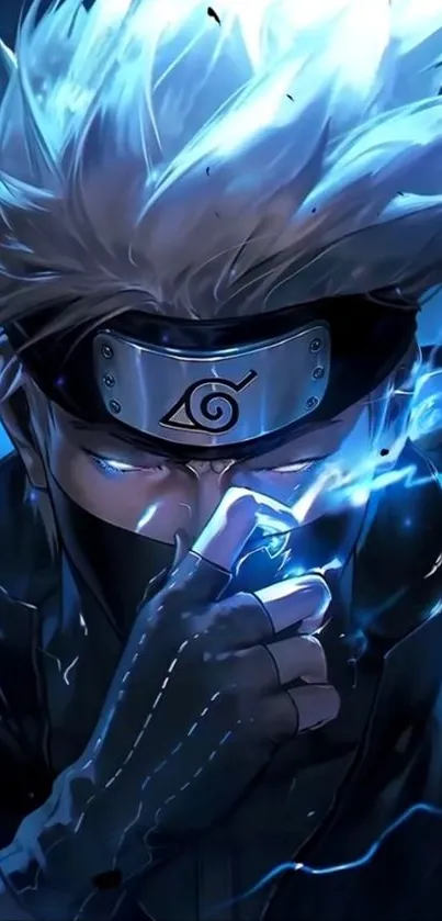 Anime ninja with blue lightning, intense and captivating design.