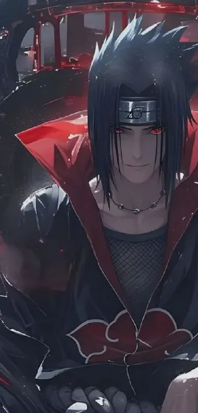 Anime ninja character with red eyes, seated, surrounded by dark tones.