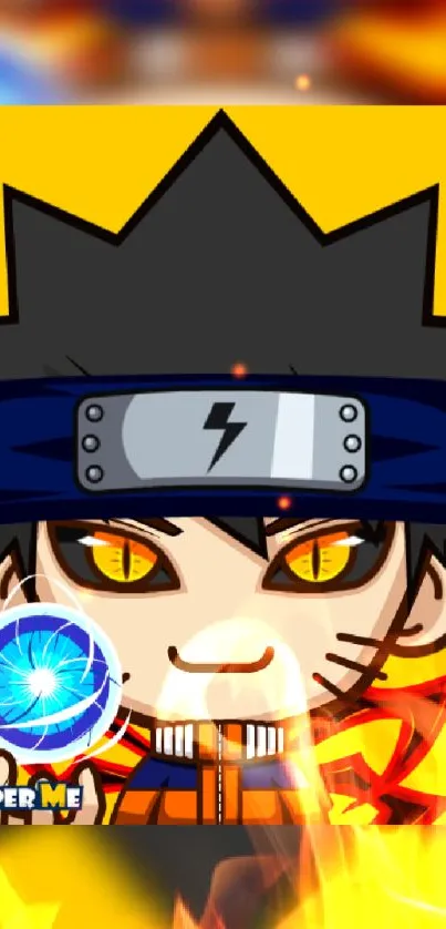 Anime ninja character with yellow background and fiery elements.