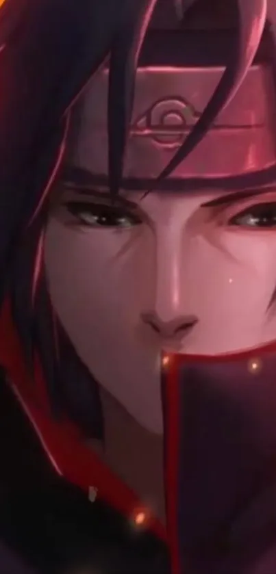 Anime ninja character with intense gaze and dark red hues.