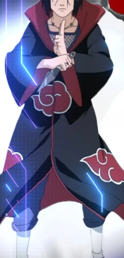 Anime ninja character in red and black cloak with a mystical blue glow.