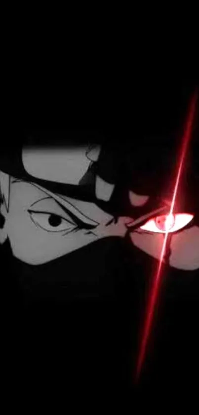 Anime ninja with a glowing eye in darkness.