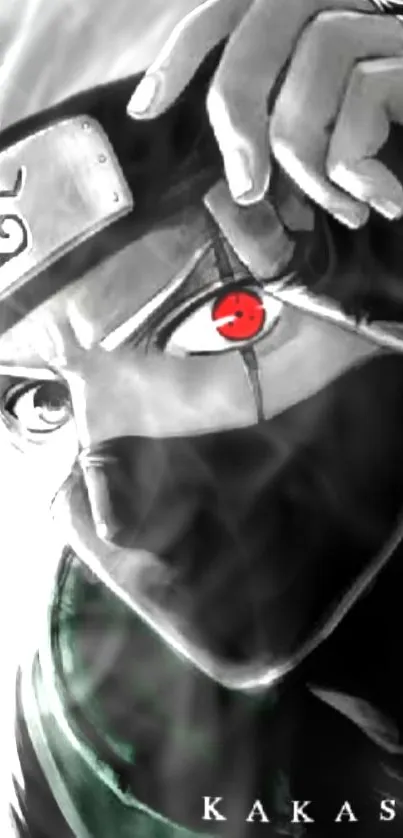 Anime ninja with striking red eye and dark mask in dramatic art style.