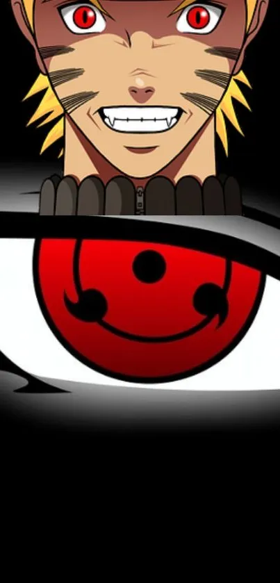 Anime ninja with red eye on black background.