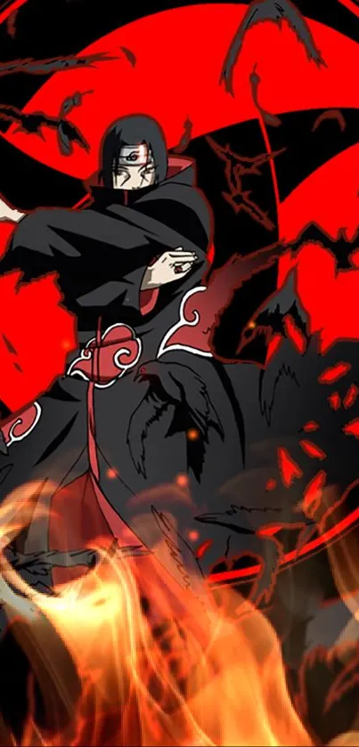 Anime ninja with fiery red background and dark shadows.