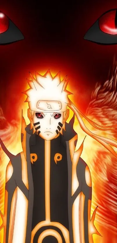 Anime ninja in fiery orange background with intense design.