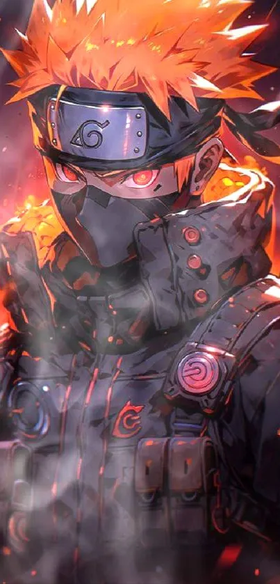 Anime ninja in fiery orange design, intense and vibrant art.