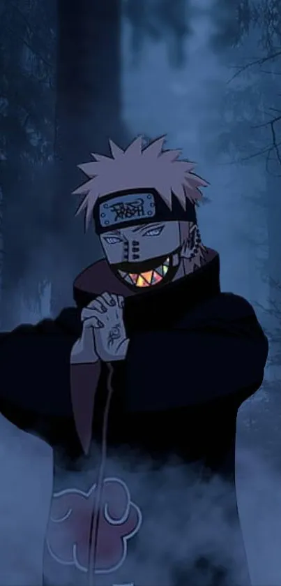 Anime ninja in dark forest setting.