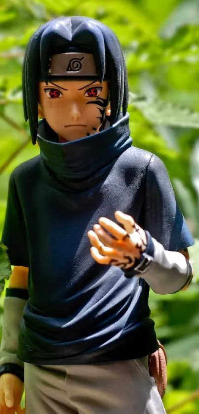 Anime ninja figure standing among lush green leaves.