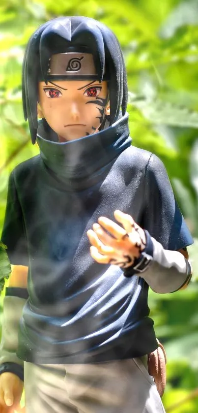 Anime ninja figurine against a lush, green natural background.