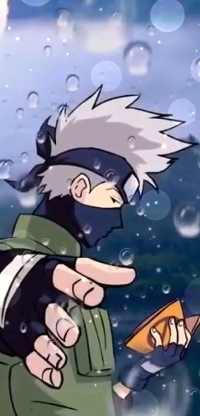 Anime ninja character in the rain holding book.