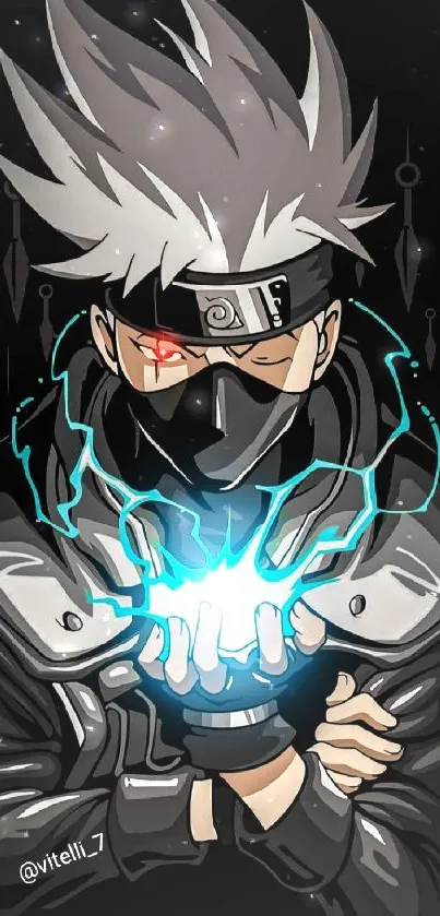 Anime ninja with a glowing lightning hand against a black background.