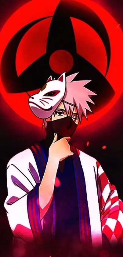 Anime ninja with mask on vibrant red background.