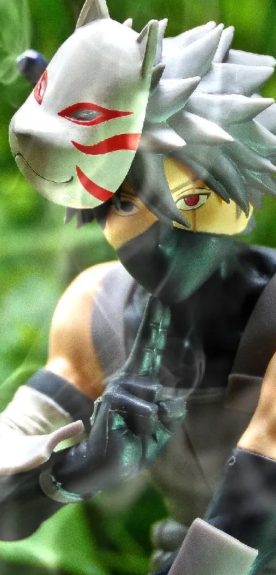 Anime ninja with mask in green forest landscape.