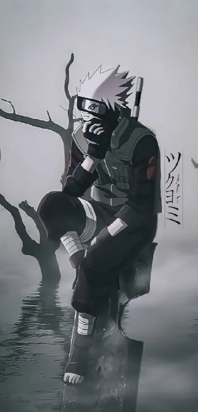 Anime ninja in misty reflective scene, grey tones.