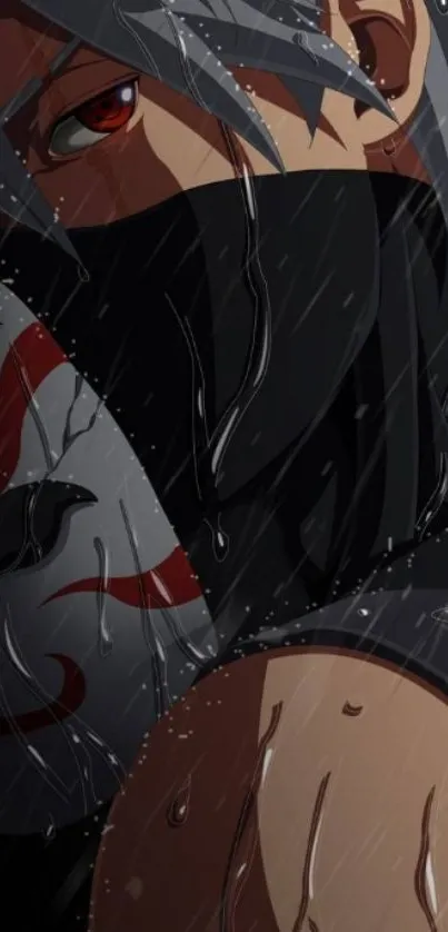 Anime ninja character in rain, masked with red eyes.