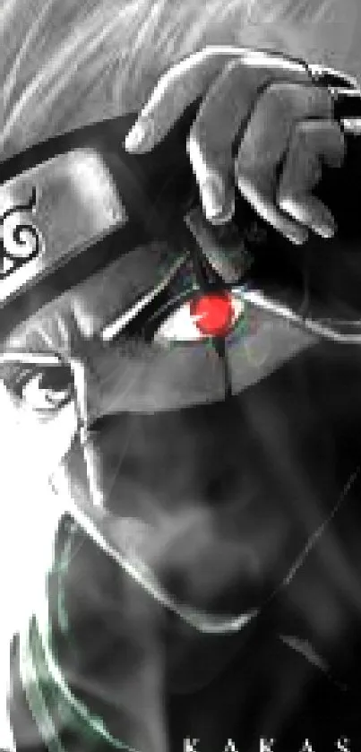 Anime ninja character with grey tones and bold red eye highlights.