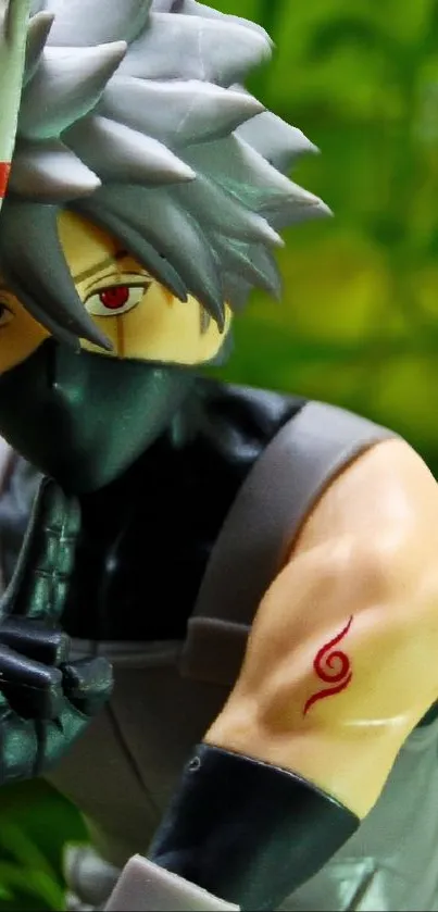 Anime ninja figurine in a lush garden setting with a mask.