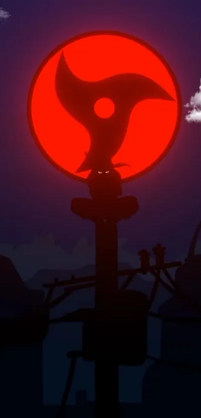 Silhouetted ninja under a red moon in anime style night scene.