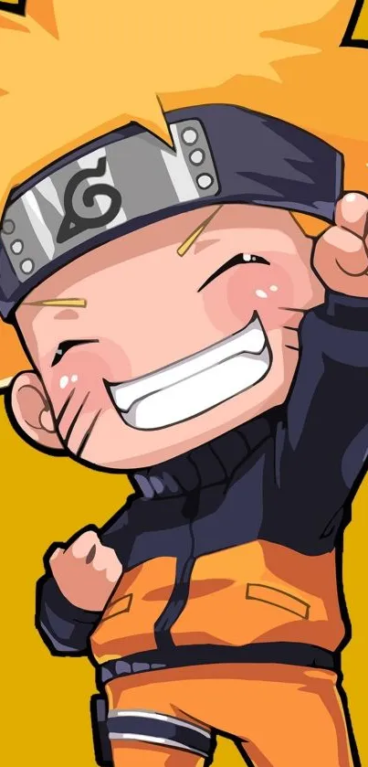 Anime ninja in orange suit with yellow backdrop.