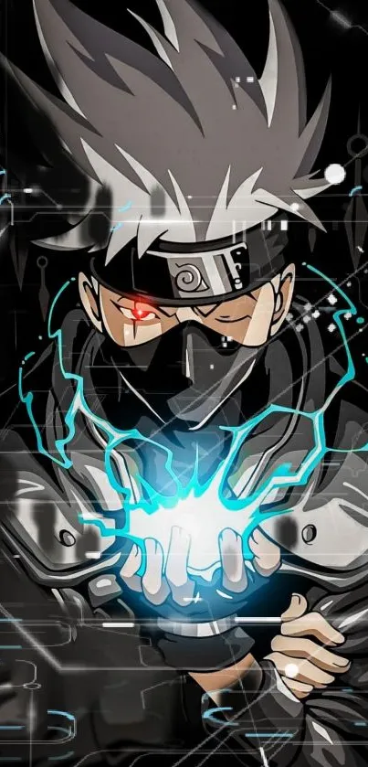 Anime ninja with electric energy in hand, dark background.