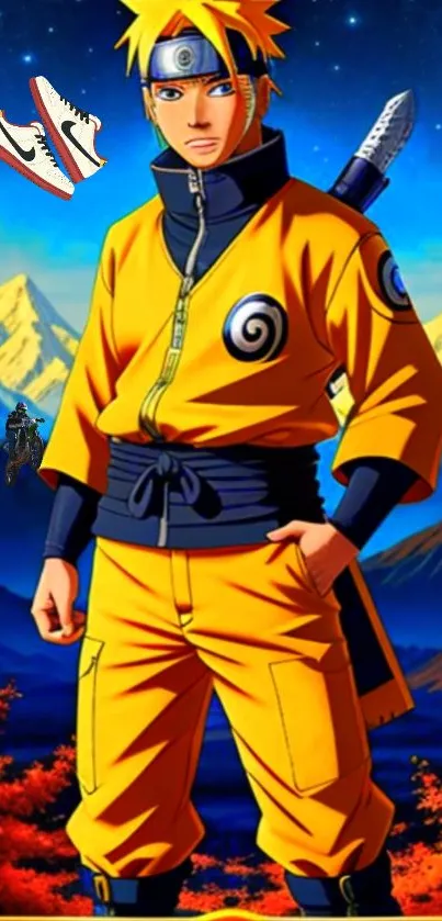 Anime ninja with a scenic mountain backdrop.