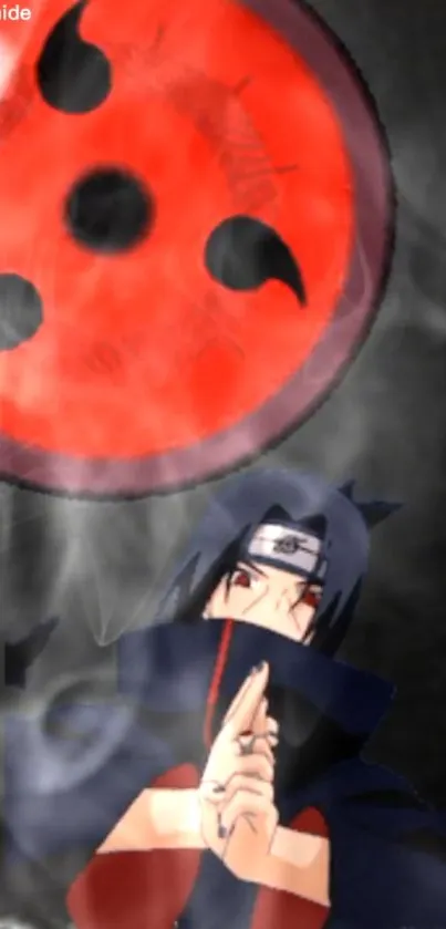 Anime ninja with red Sharingan and smoky background.