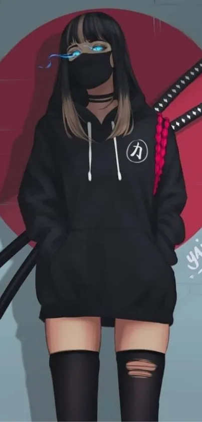 Anime ninja in dark hoodie with katana swords and red circle backdrop.