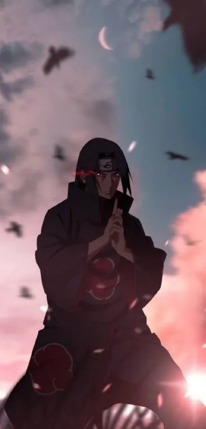 Anime ninja with crows in sunset background.