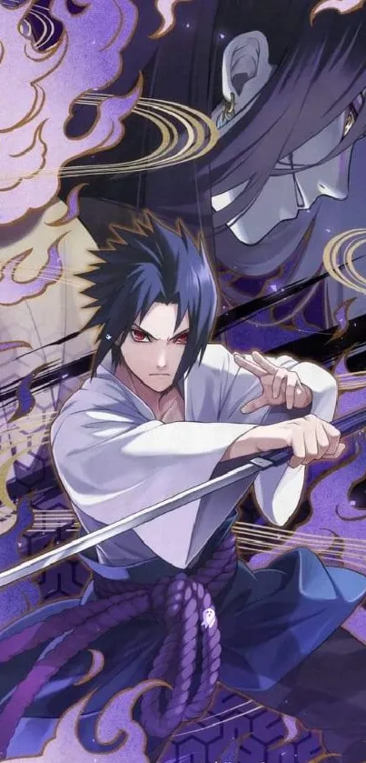 Anime ninja with sword amid purple flames.